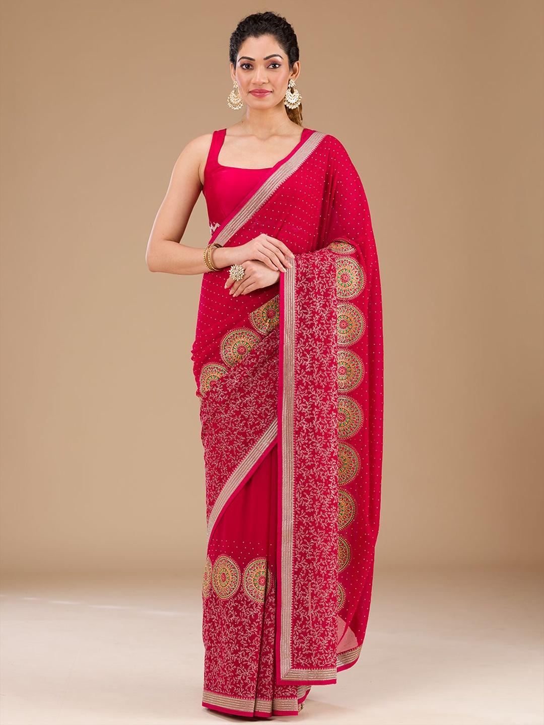 

Koskii Ethnic Motifs Embroidered Pure Georgette Saree, Pink