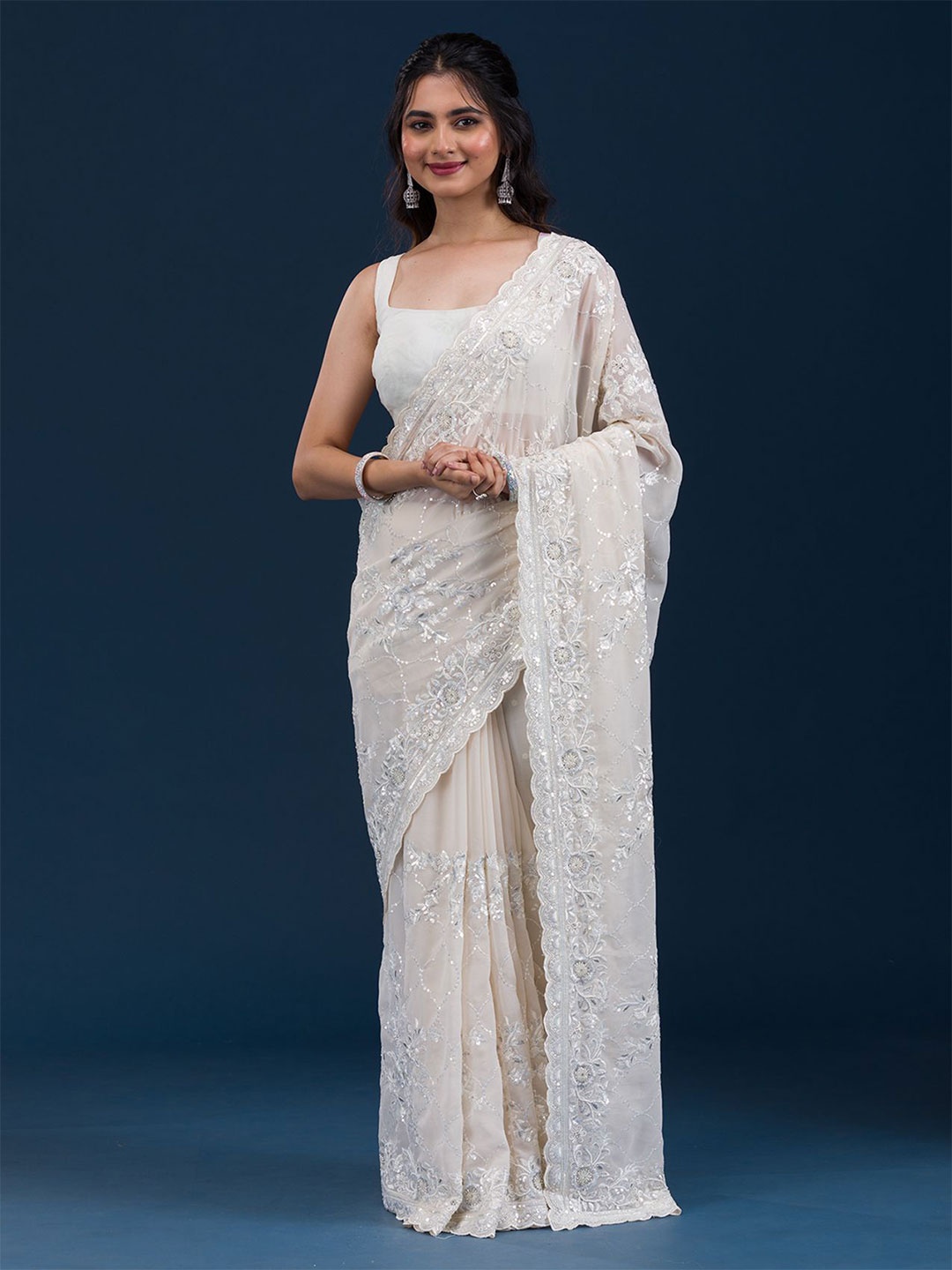 

Koskii Floral Embroidered Sequinned Saree, White