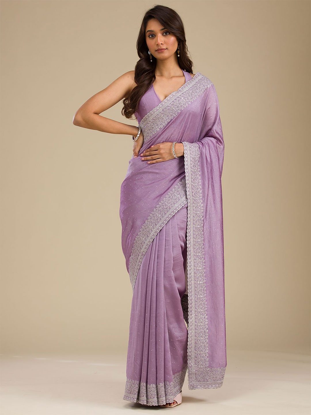 

Koskii Ethnic Motifs Embellished Beads & Stones Saree, Purple