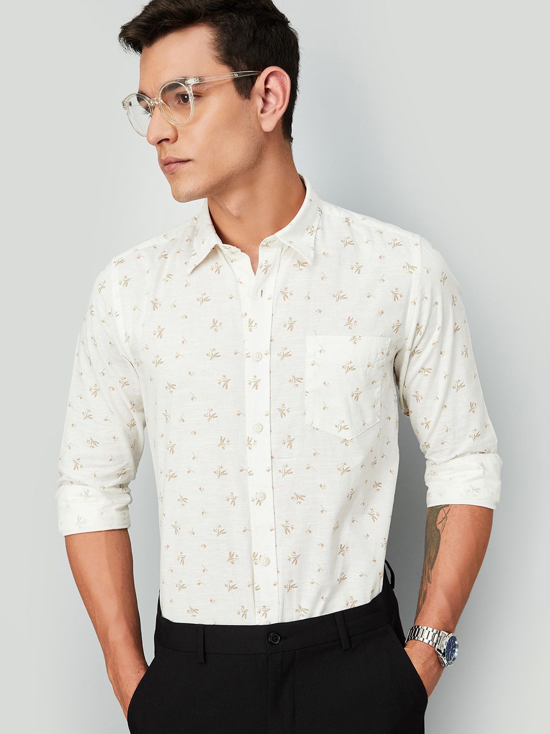 

max Men Spread Collar Floral Printed Cotton Formal Shirt, White