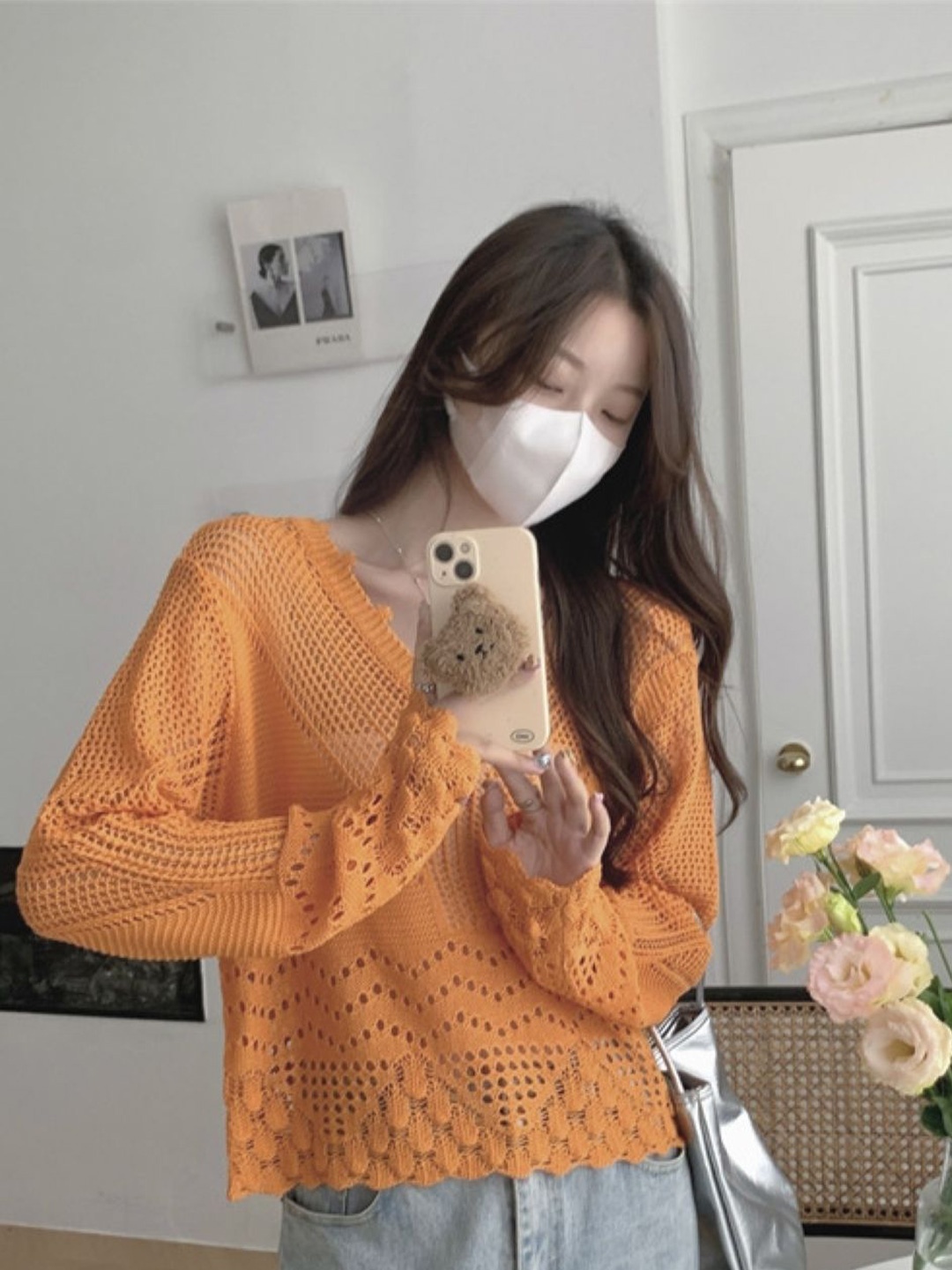 

KPOP Women V-Neck Long Sleeves Top, Orange