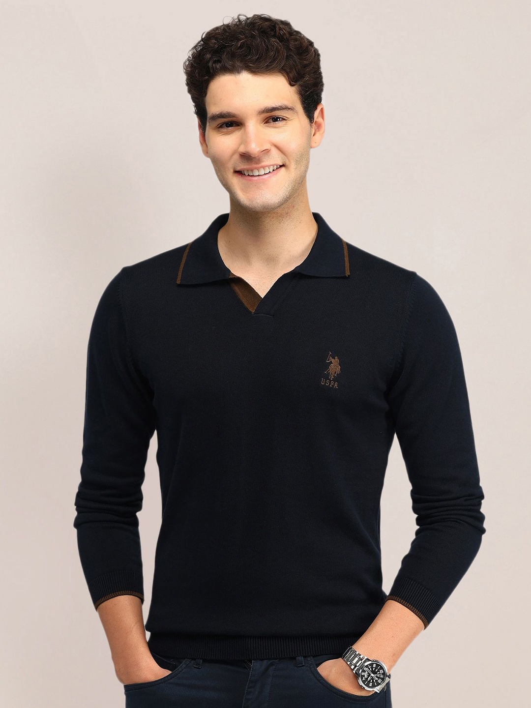 

U.S. Polo Assn. Men Cotton Brand Logo Lapel Collar Pullover Sweaters, Blue