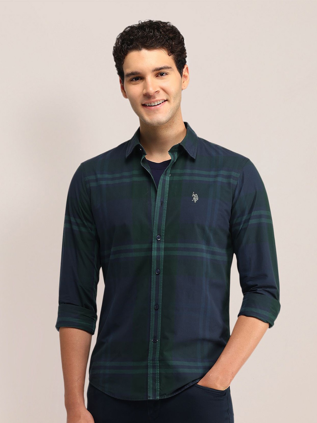 

U.S. Polo Assn. Men Slim Fit Opaque Checked Casual Shirt, Green