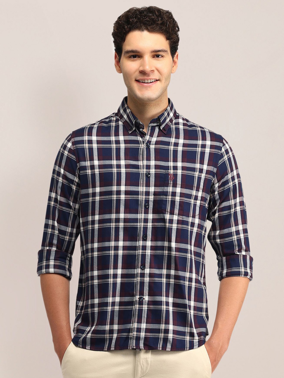 

U.S. Polo Assn. Men Slim Fit Opaque Checked Casual Shirt, Blue