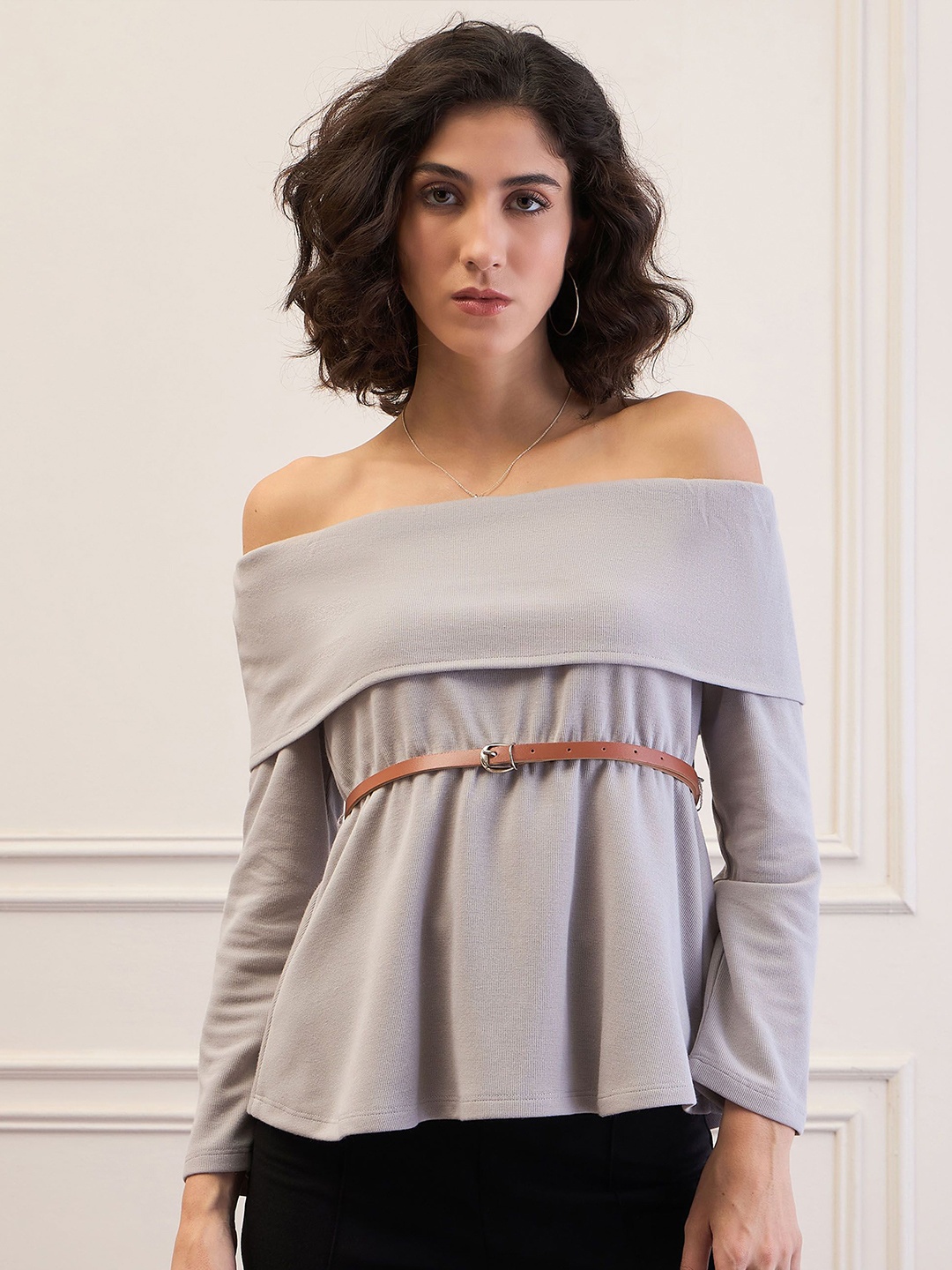 

SASSAFRAS Women Off-Shoulder Belted Peplum Top, Grey