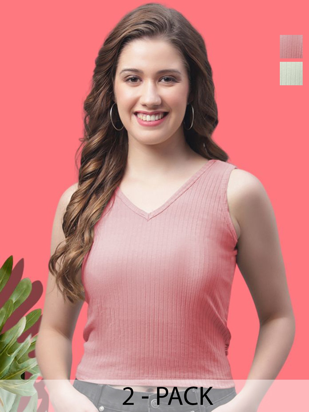 

FBAR Women Set Of 2 Striped Cotton V-neck Sleeveless Crop Top, Pink