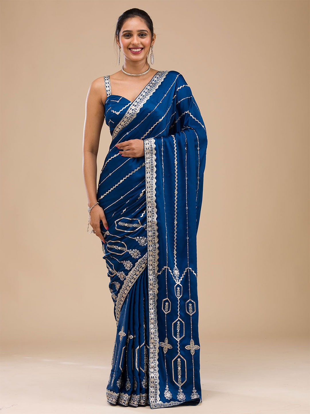 

Koskii Embellished Zari Satin Saree, Blue