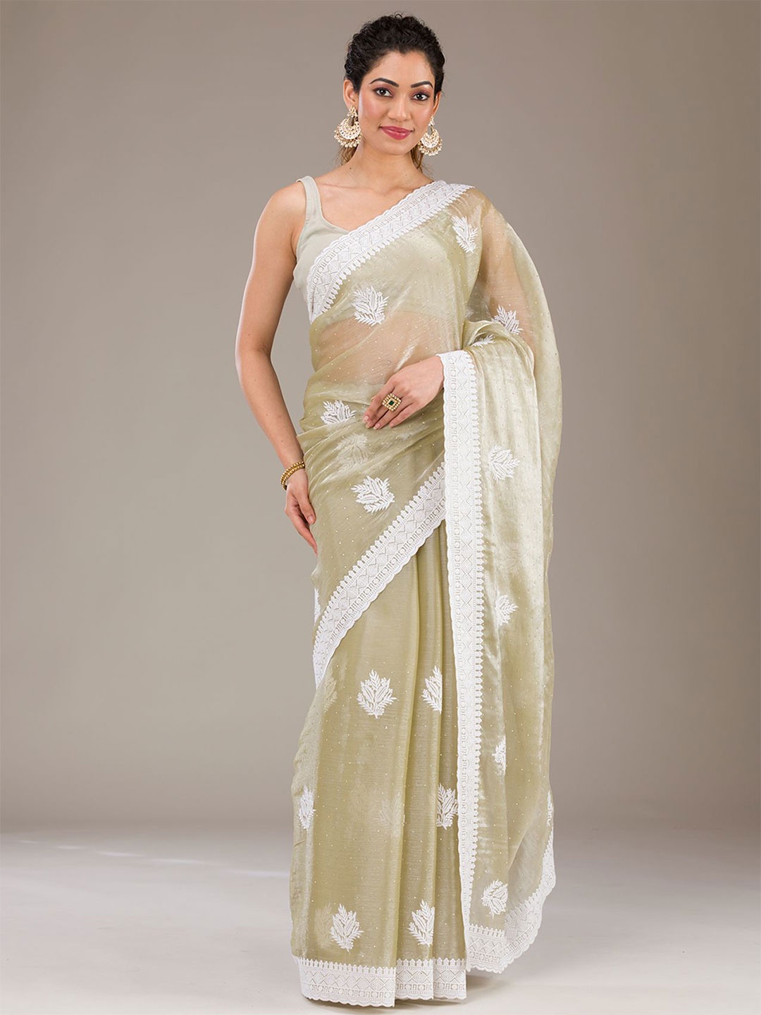 

Koskii Floral Embroidered Threadwork Organza Saree, Green