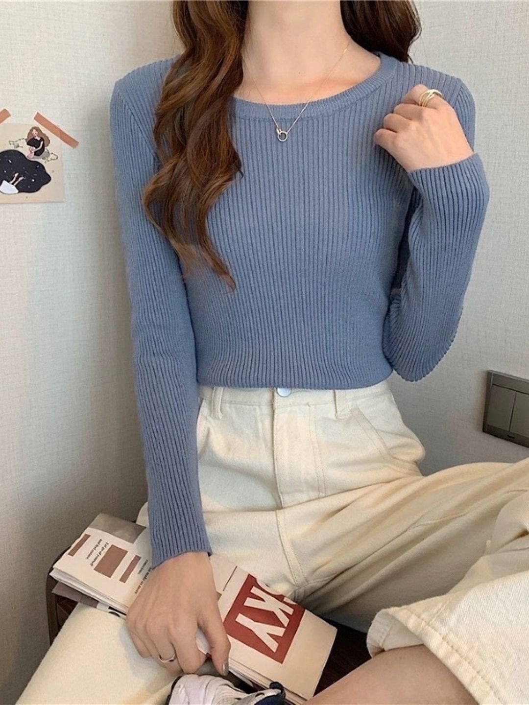 

KPOP Round Neck Long Sleeves Top, Grey