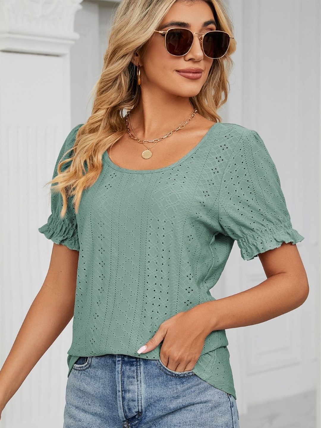 

KPOP Women Round Neck Puff Sleeves Top, Blue