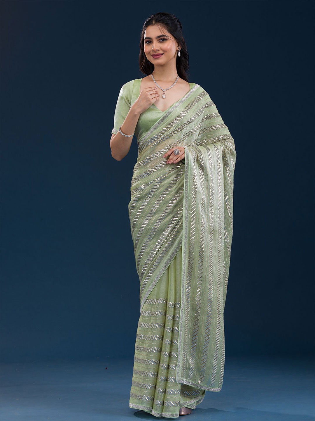 

Koskii Embellished Sequinned Poly Crepe Saree, Green