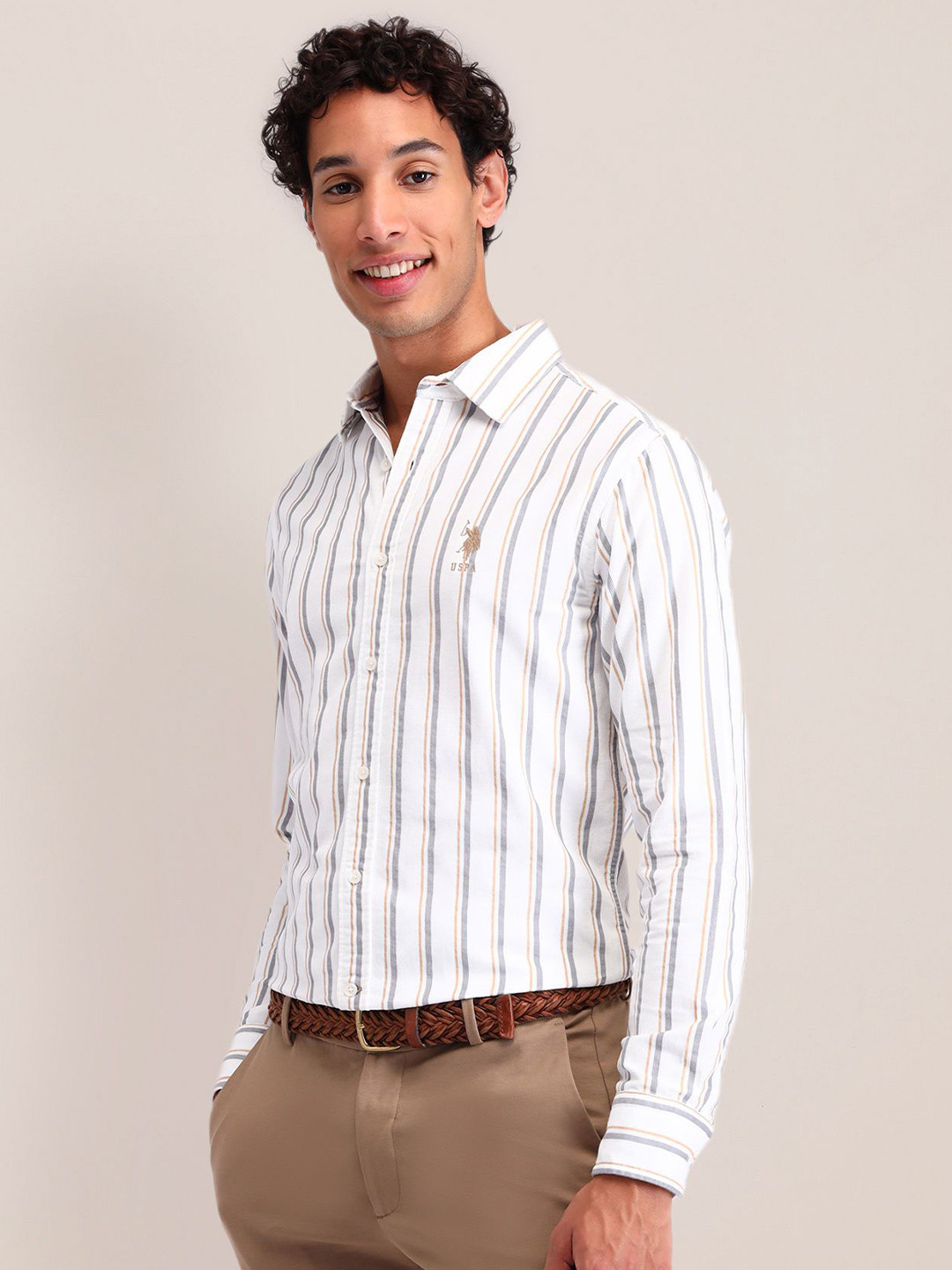 

U.S. Polo Assn. Men Slim Fit Opaque Striped Casual Shirt, Beige