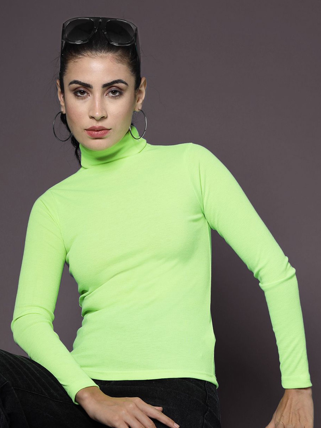 

The Roadster Lifestyle Co Women High Neck Full Sleeves Top, Fluorescent green