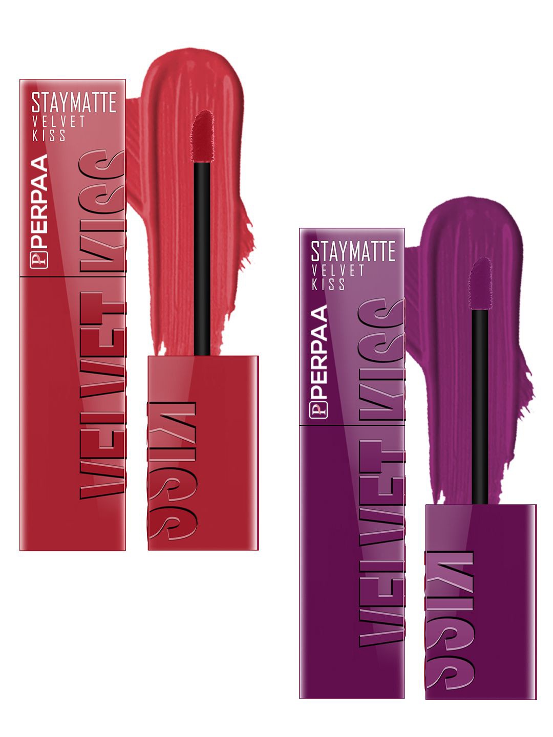 

PERPAA Velvet Kiss Set Of 2 Liquid Lipstick - 3.5 ml Each - Wine- 03 -Matte Red-01