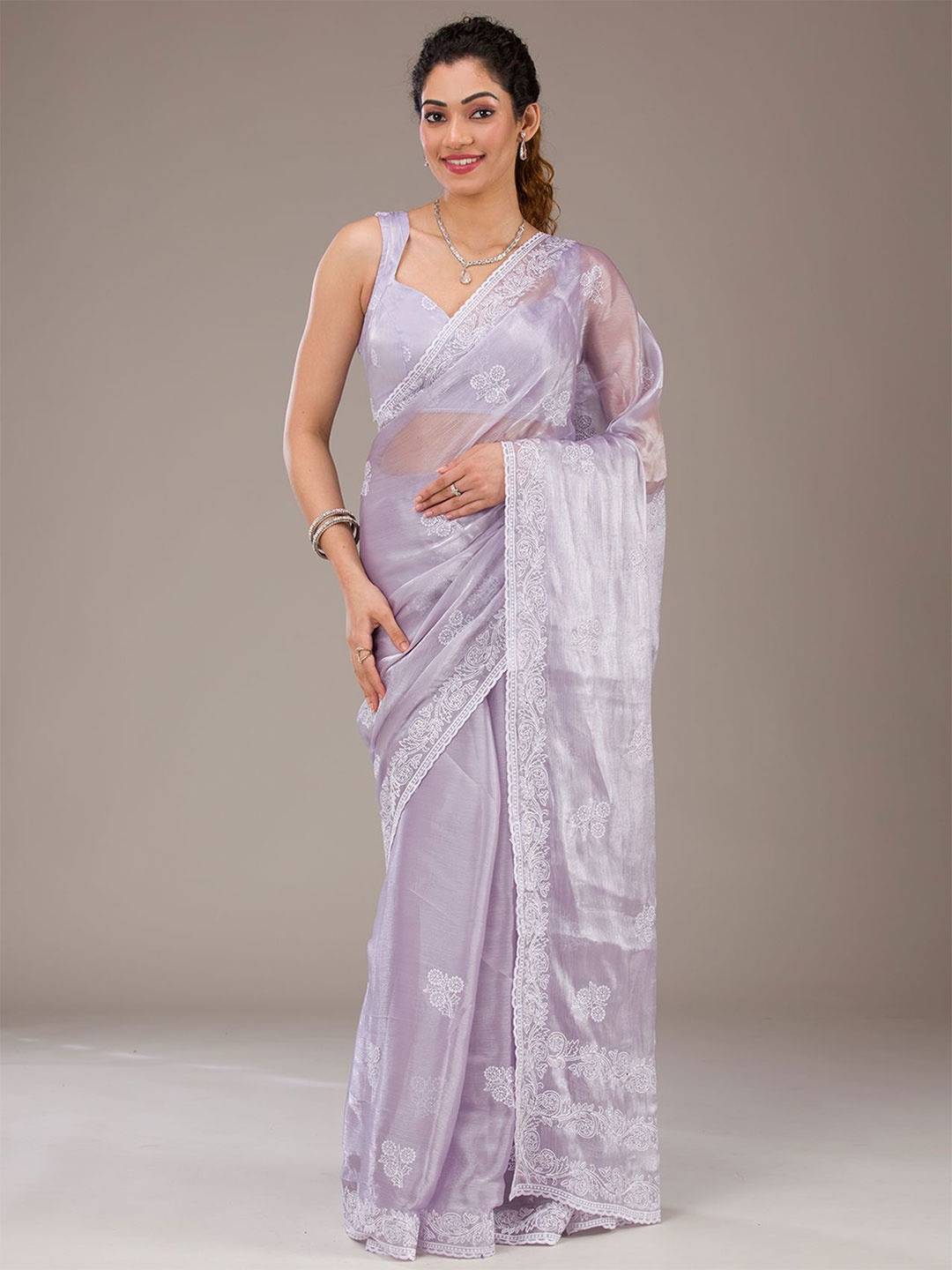 

Koskii Floral Embroidered Tissue Saree, Purple