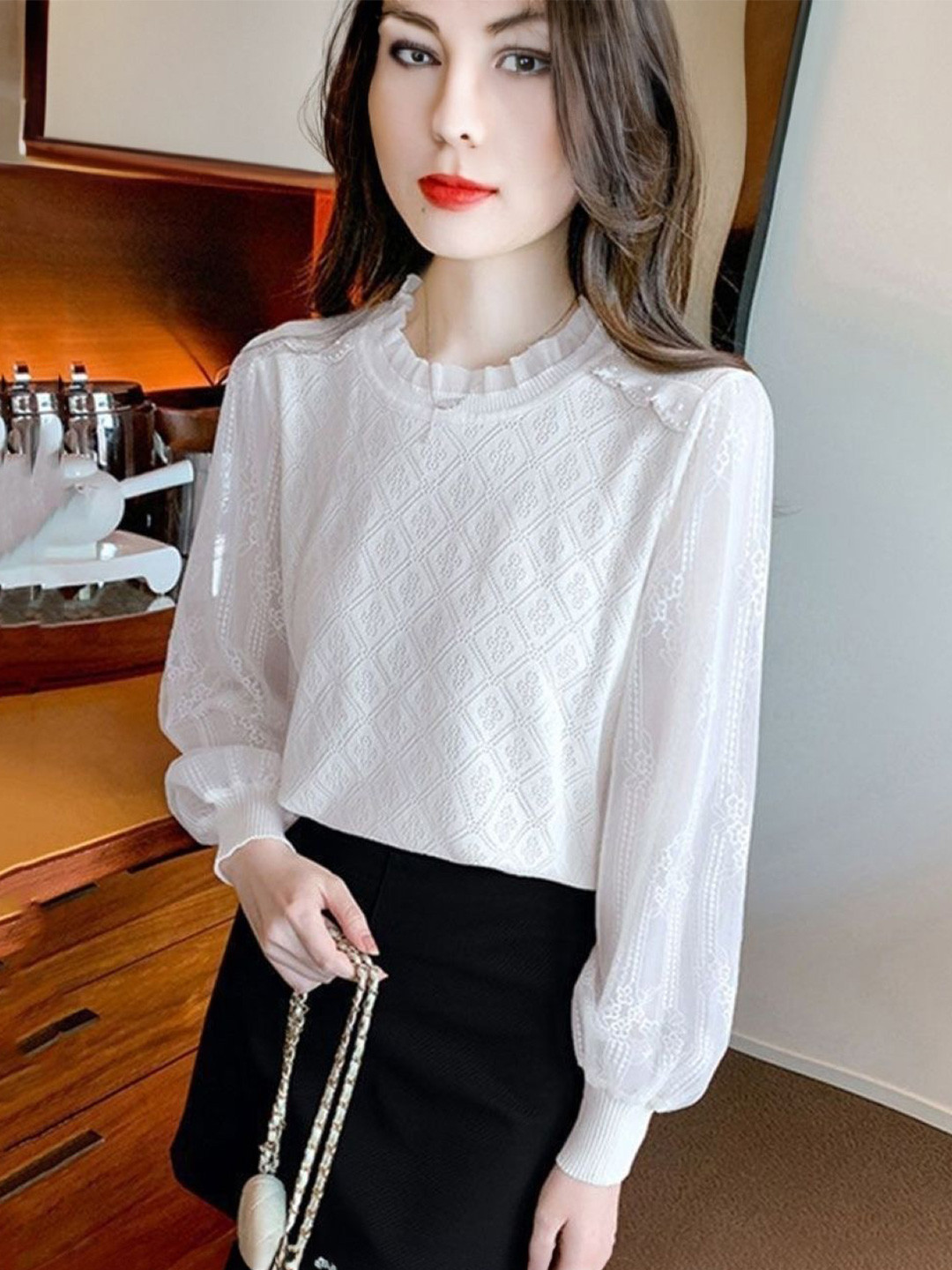 

KPOP Women Round Neck Self Design Long Sleeves Top, White