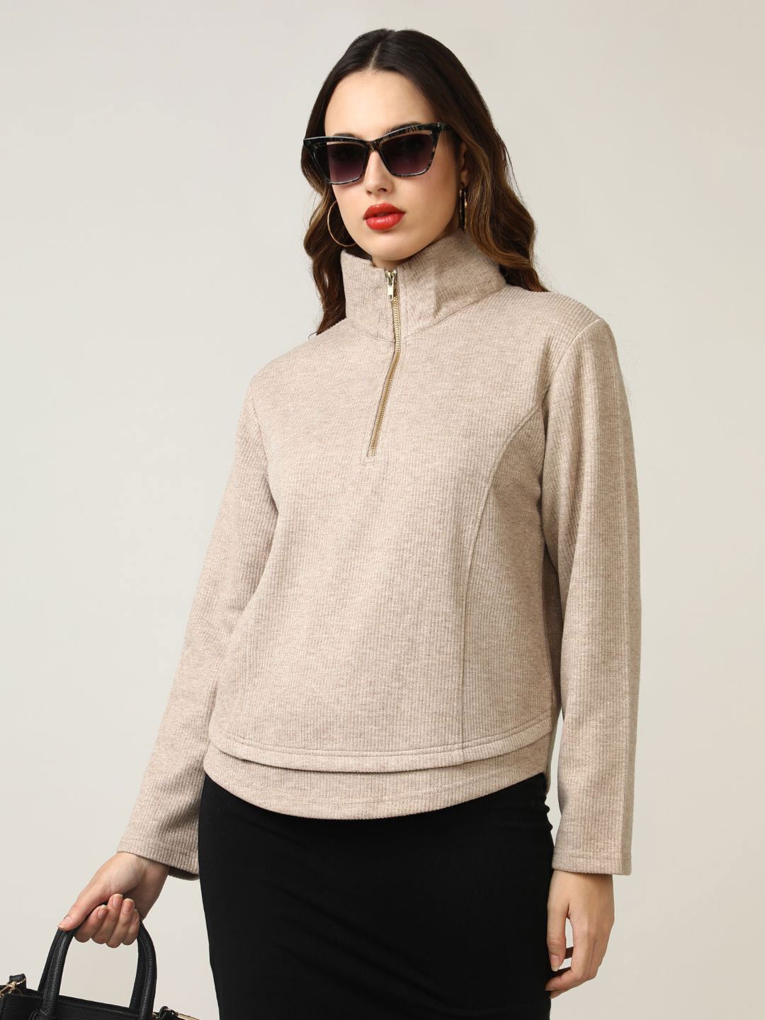 

Fort Collins Women Half Zipper Cotton Sweatshirt, Beige