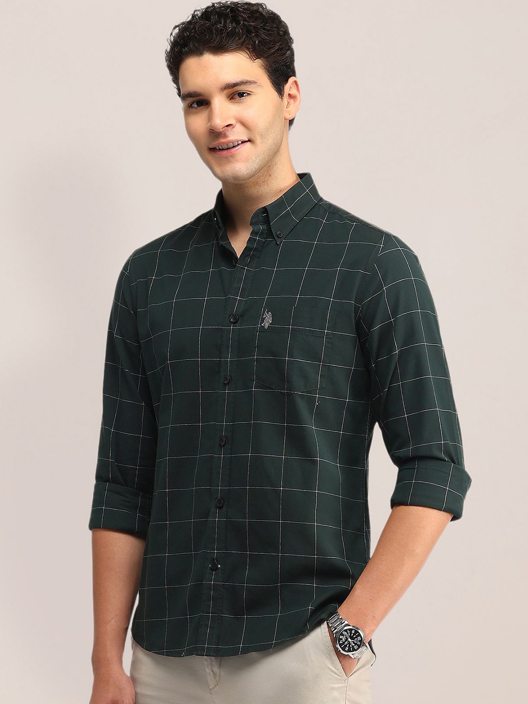 

U.S. Polo Assn. Men Slim Fit Opaque Checked Casual Shirt, Green