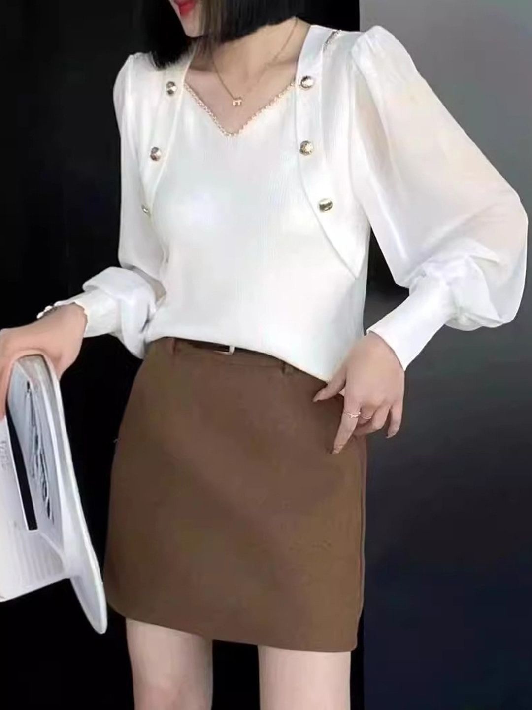 

KPOP Women V-Neck Long Sleeves Pure Cotton Top, White