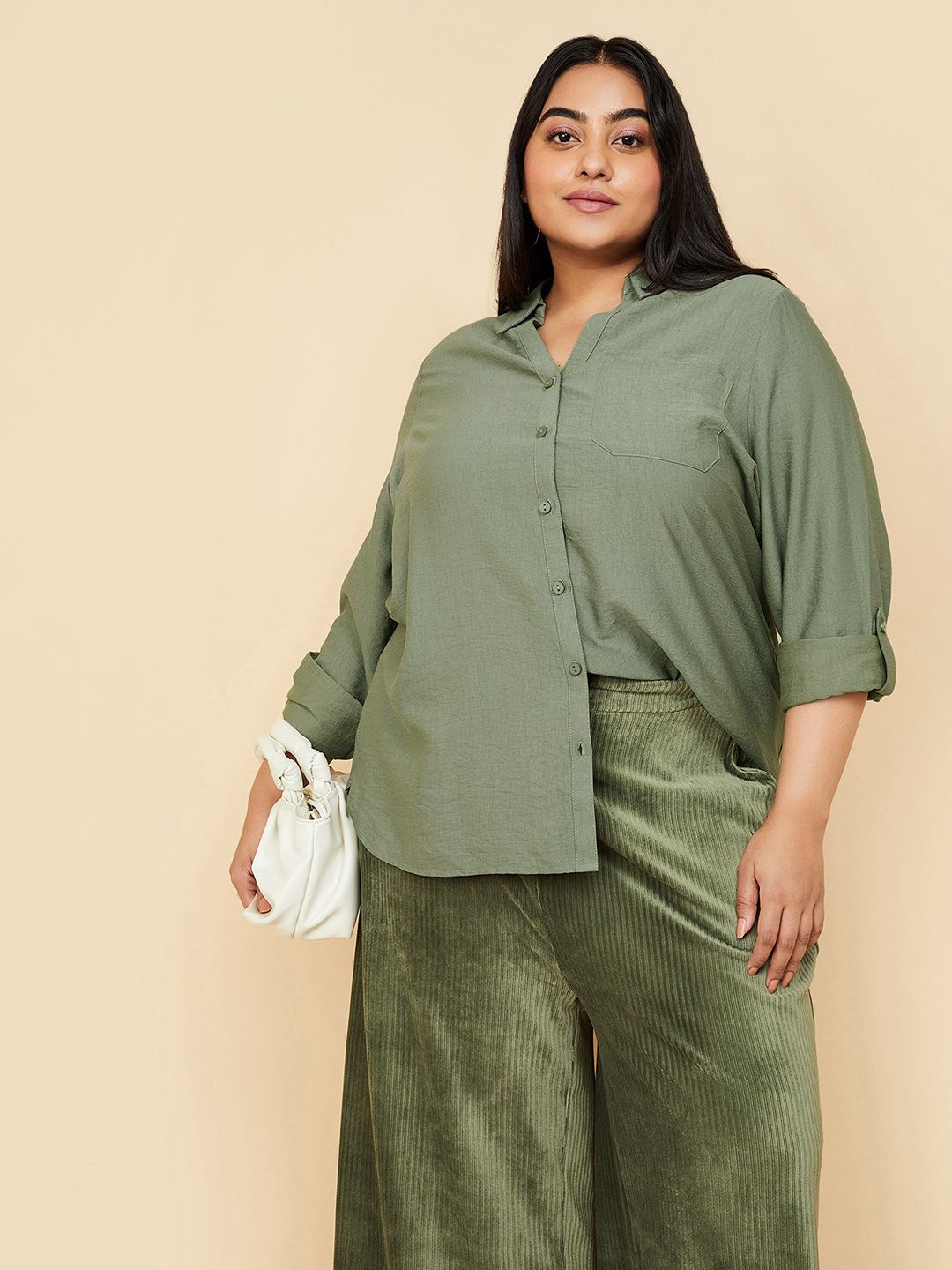 

max Women Spread Collar Solid Casual Shirt, Green