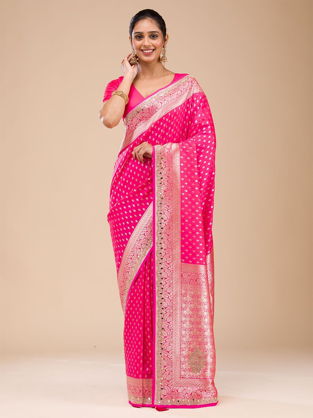 

Koskii Woven Design Zari Saree With Blouse Piece, Pink