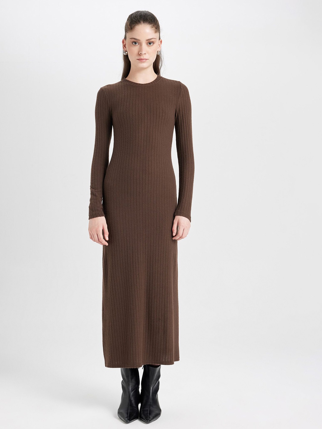 

DeFacto Women Round Neck Midi Dress, Coffee brown