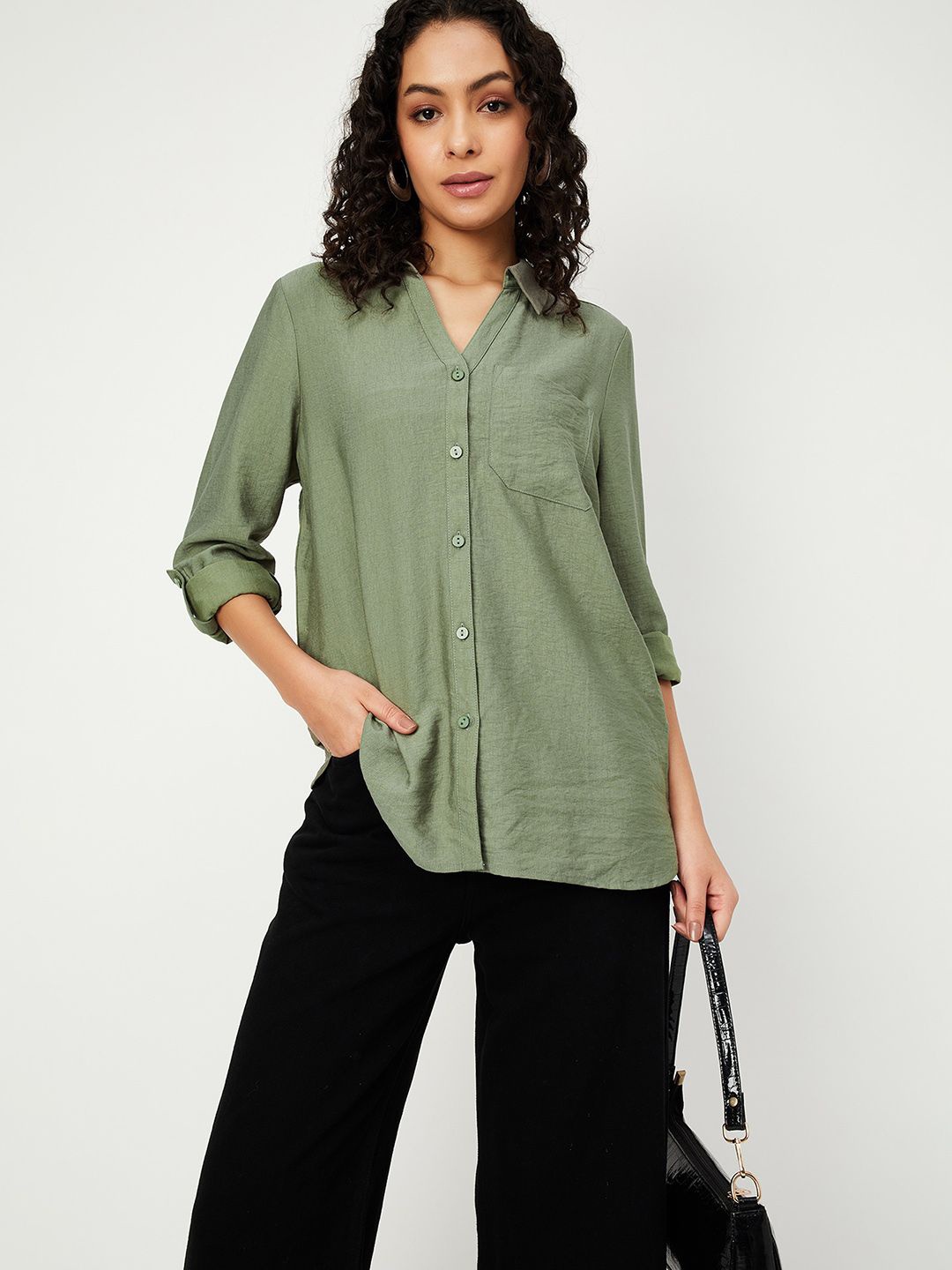 

max Women Spread Collar Solid Casual Shirt, Green