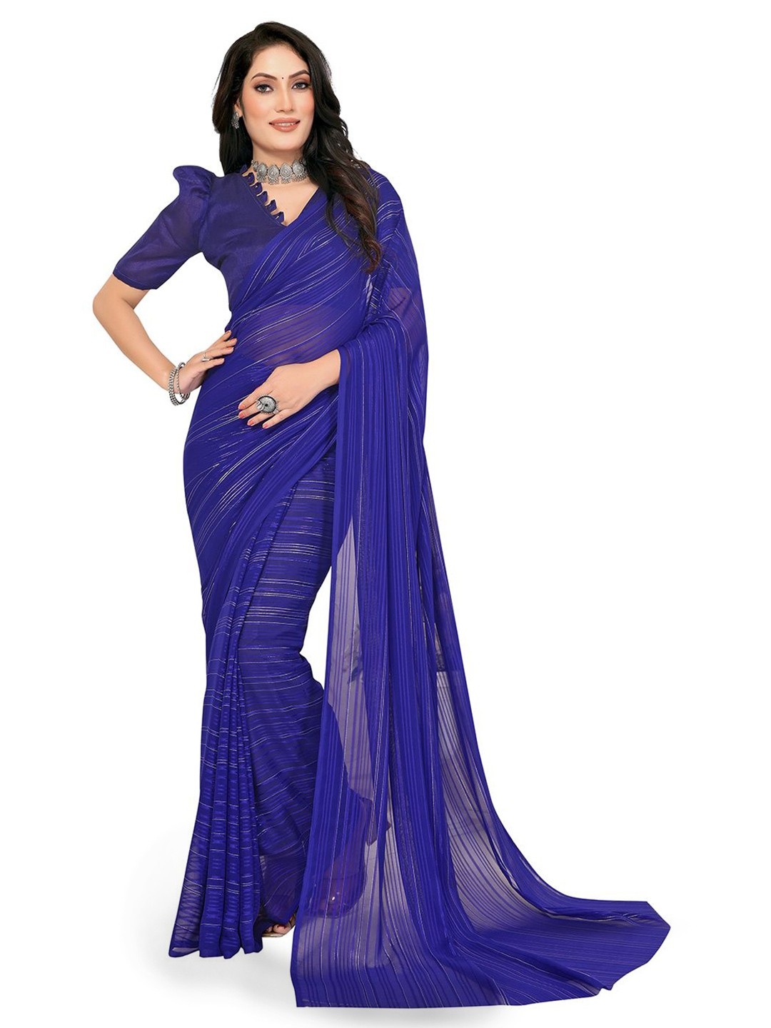 

Moda Rapido Striped Satin Saree With Blouse Piece, Blue