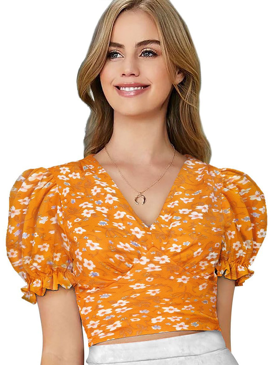 

Sanwariya Silk Women Floral Printed Puff Sleeve Crop Top, Yellow