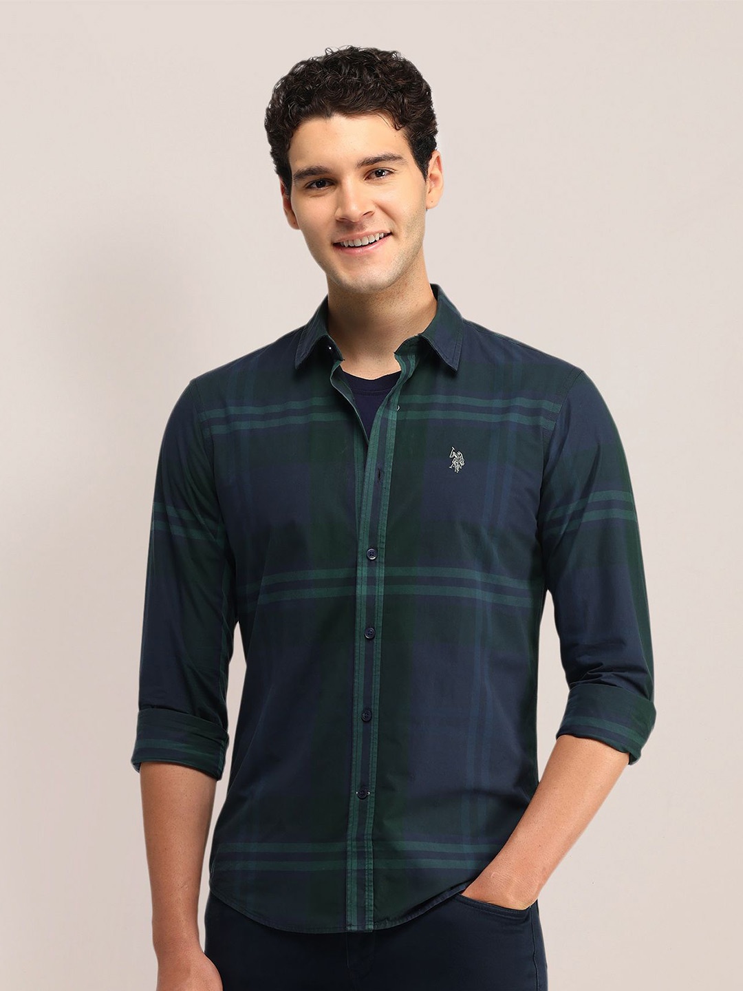 

U.S. Polo Assn. Men Slim Fit Opaque Checked Casual Shirt, Green