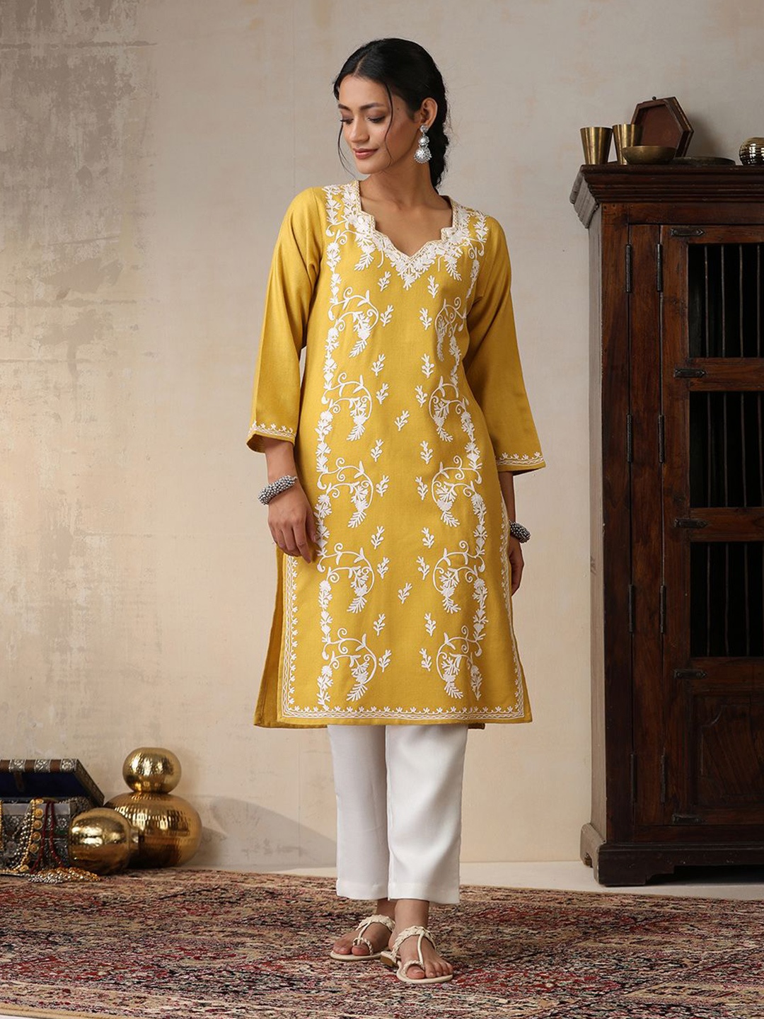 

House of Chikankari Ethnic Motifs Embroidered Thread Work Woollen Straight Kurta, Yellow