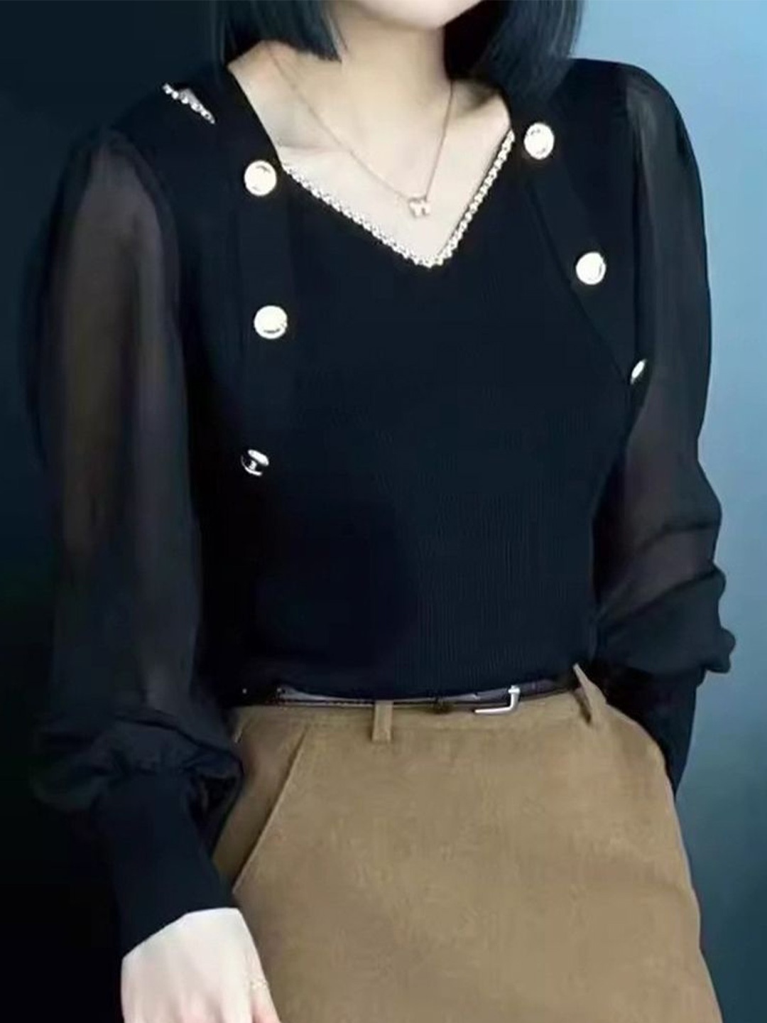 

KPOP Women V-Neck Long Sleeves Pure Cotton Top, Black