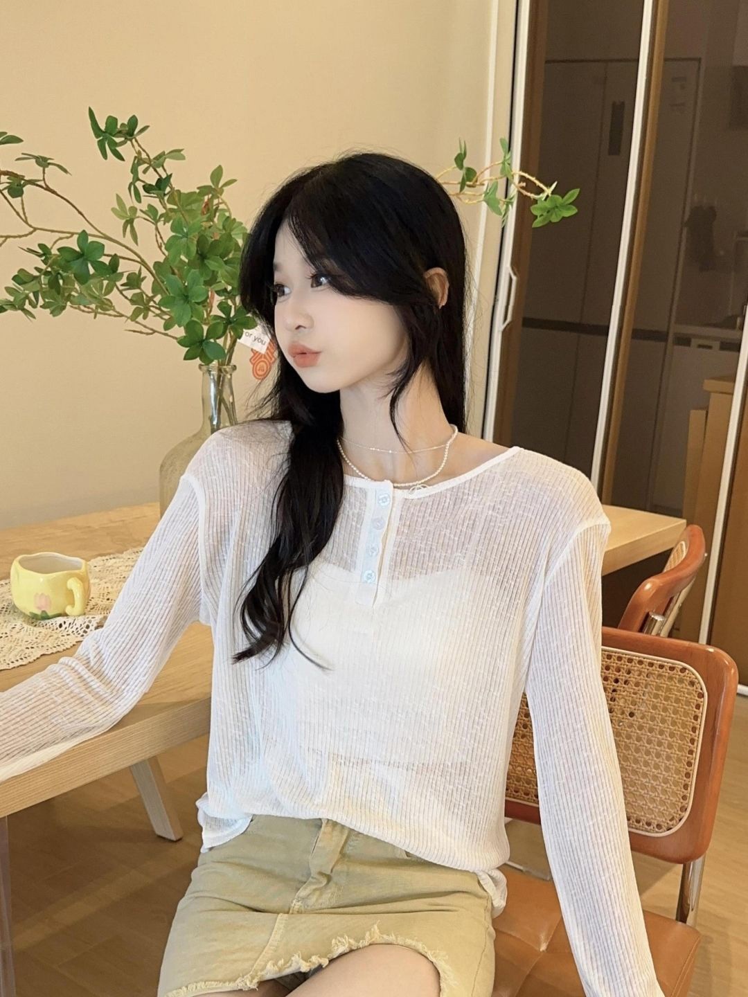 

KPOP Round Neck Long Sleeves Top, White