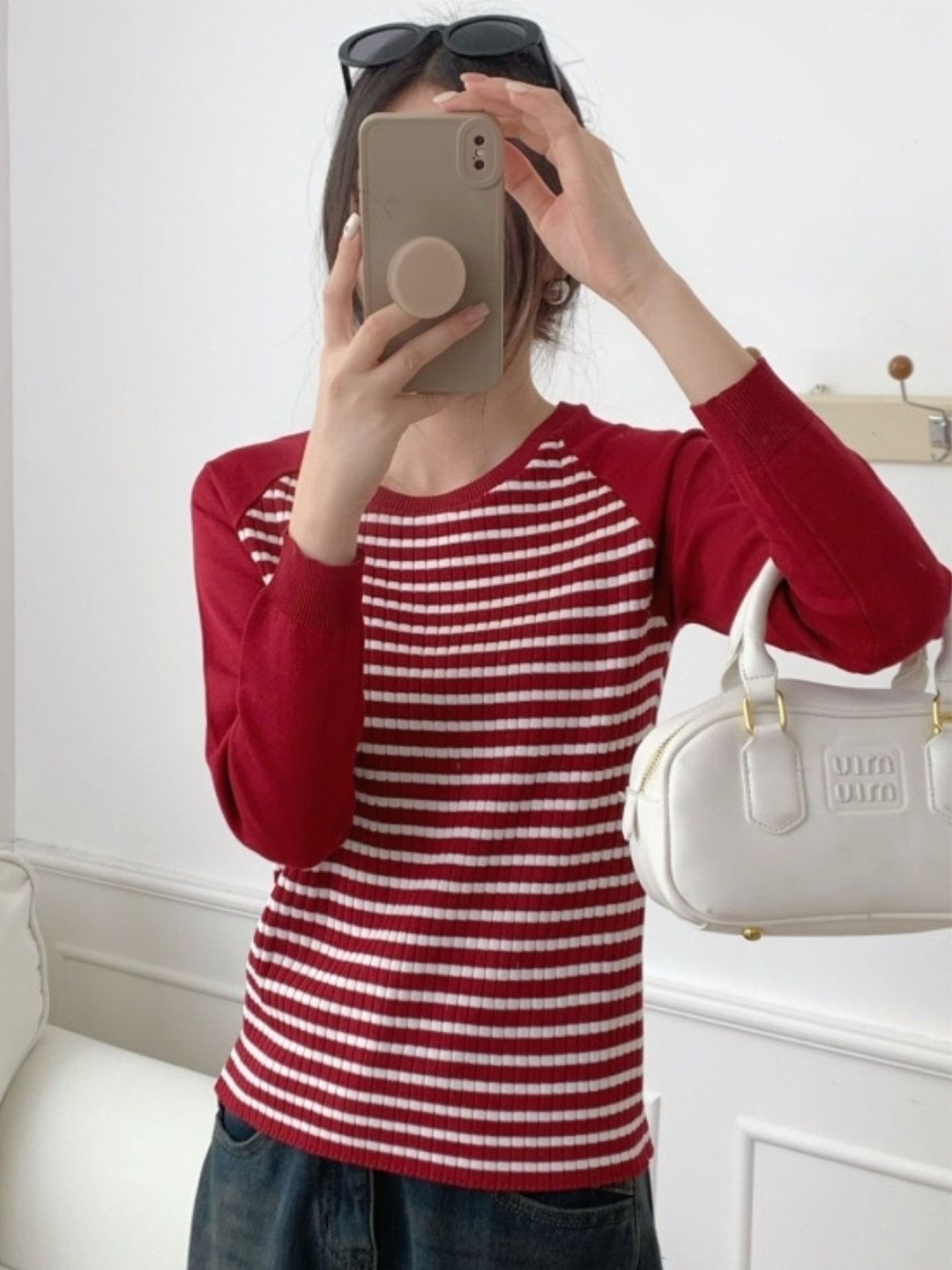 

KPOP Women Striped Round Neck Top, Red