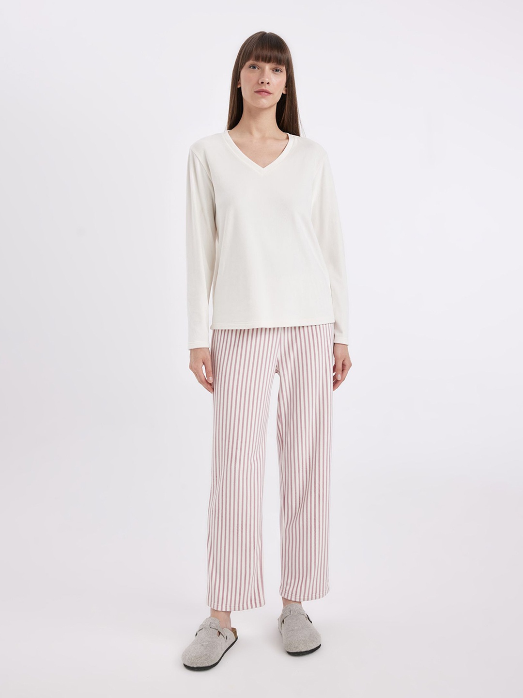 

DeFacto Women Long Sleeves T-Shirt With Striped Trousers Night Suit, White
