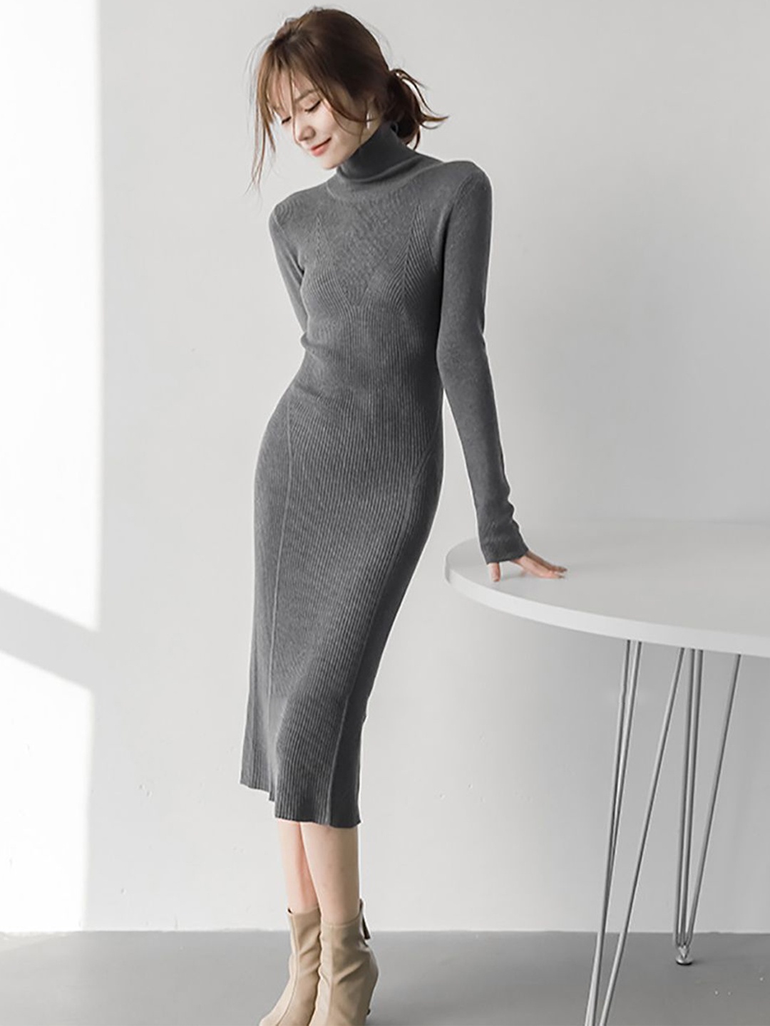 

StyleCast x Revolte Women High Neck Sheath Midi Dress, Grey