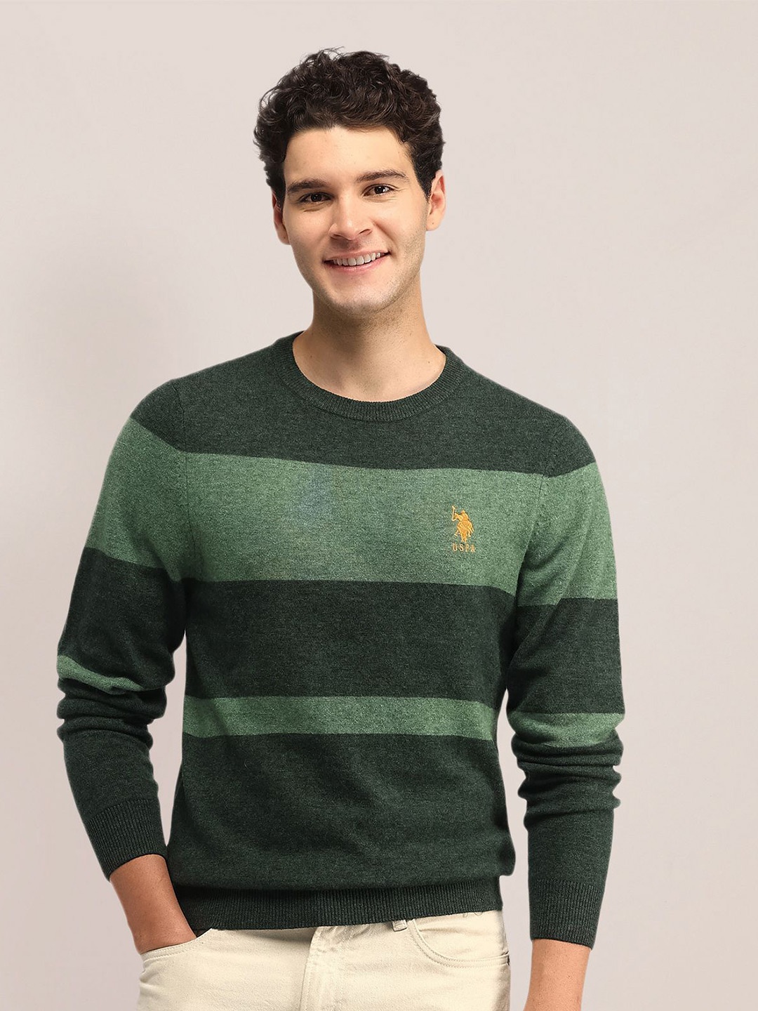 

U.S. Polo Assn. Men Colourblocked Round Neck Long Sleeves Pullover Sweaters, Green