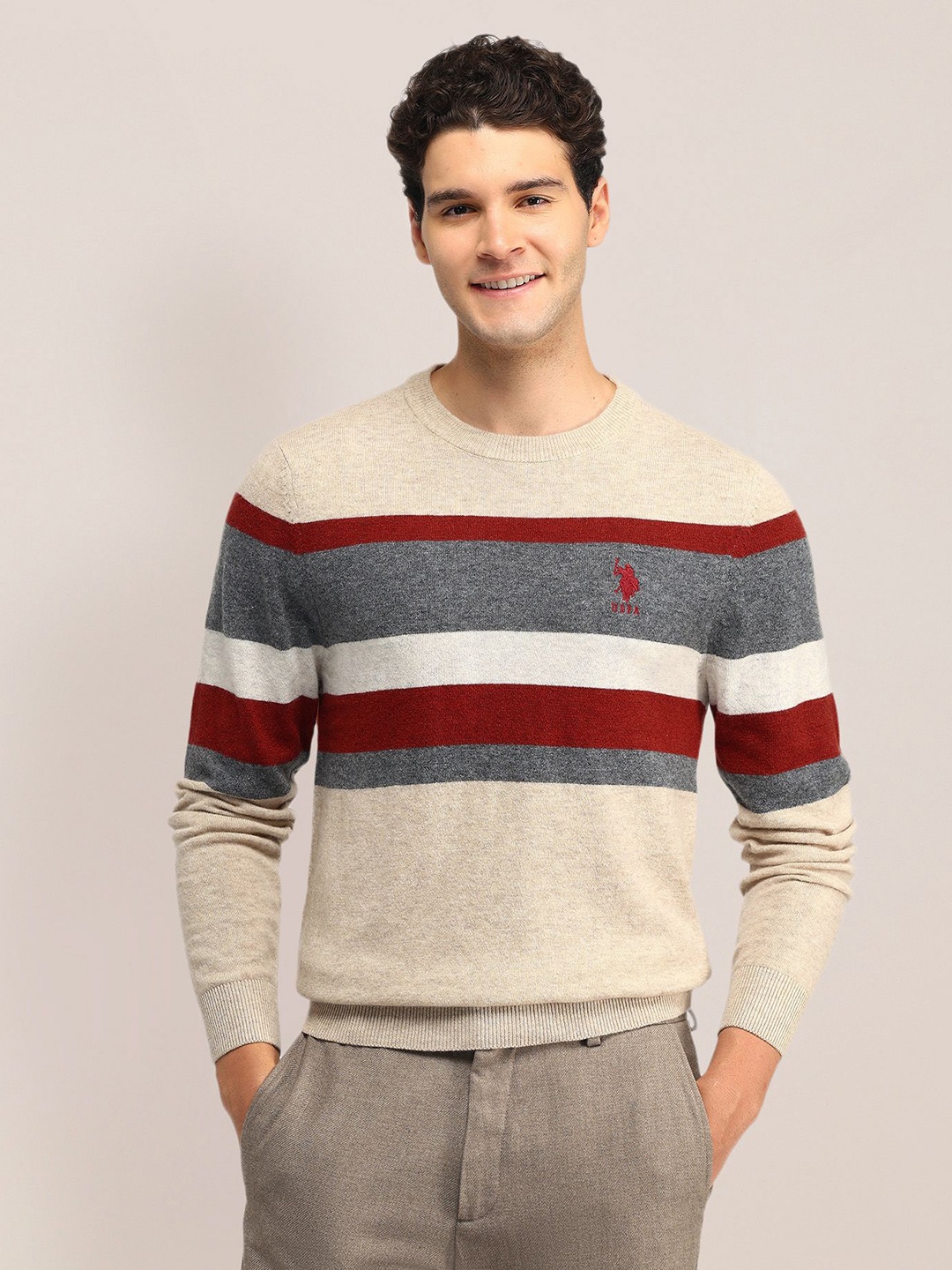 

U.S. Polo Assn. Men Striped Woollen Pullover, Beige