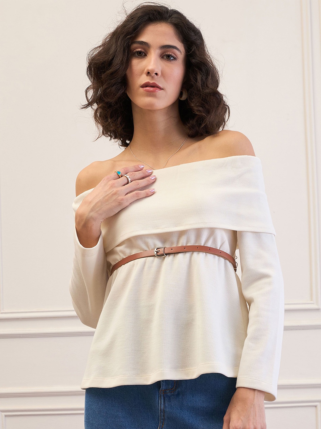 

SASSAFRAS Women Off-Shoulder Belted Layered Peplum Top, Off white