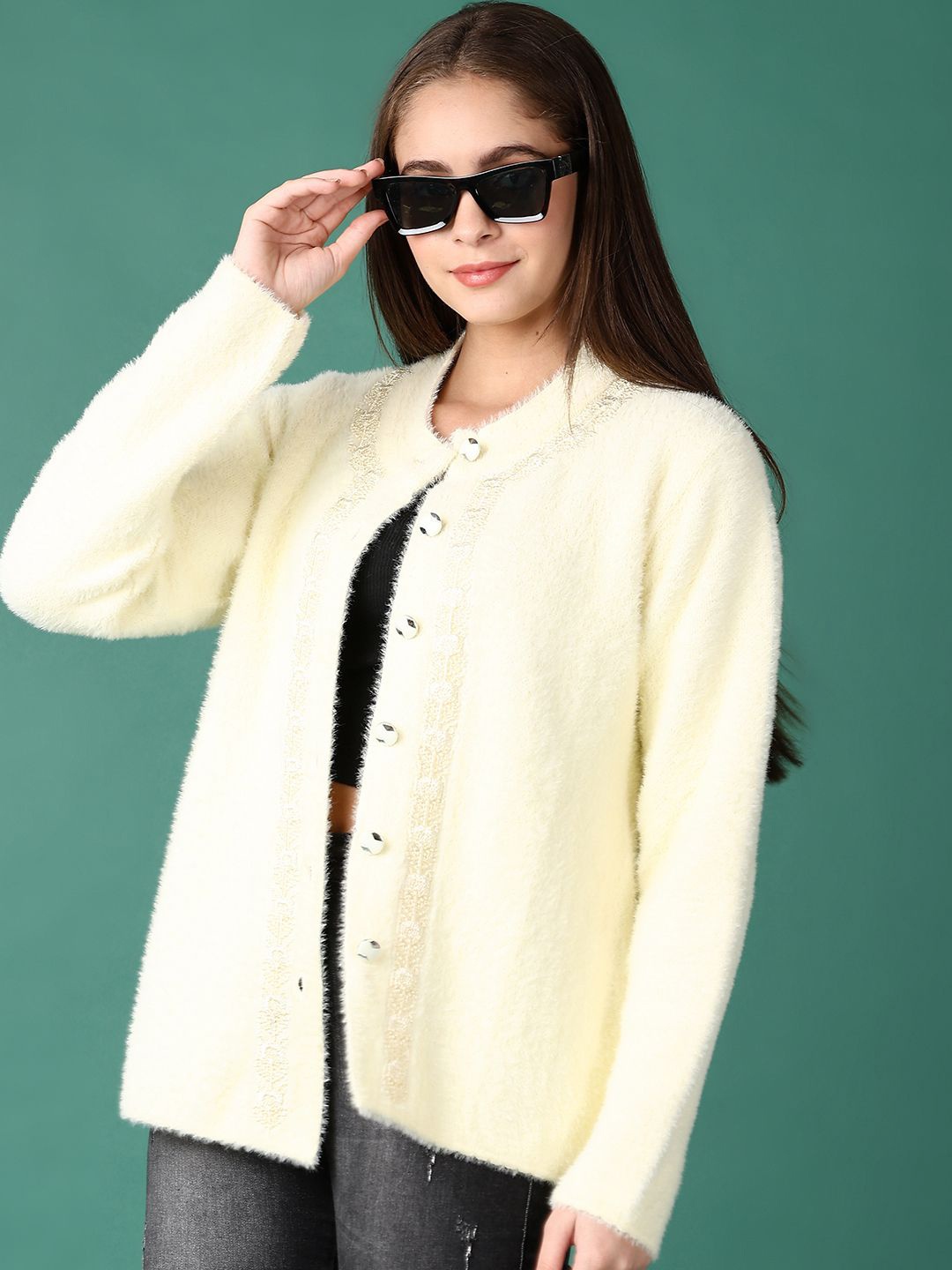 

V-Mart Women Cotton Solid Round Neck Long Sleeves Cardigan Sweaters, Cream