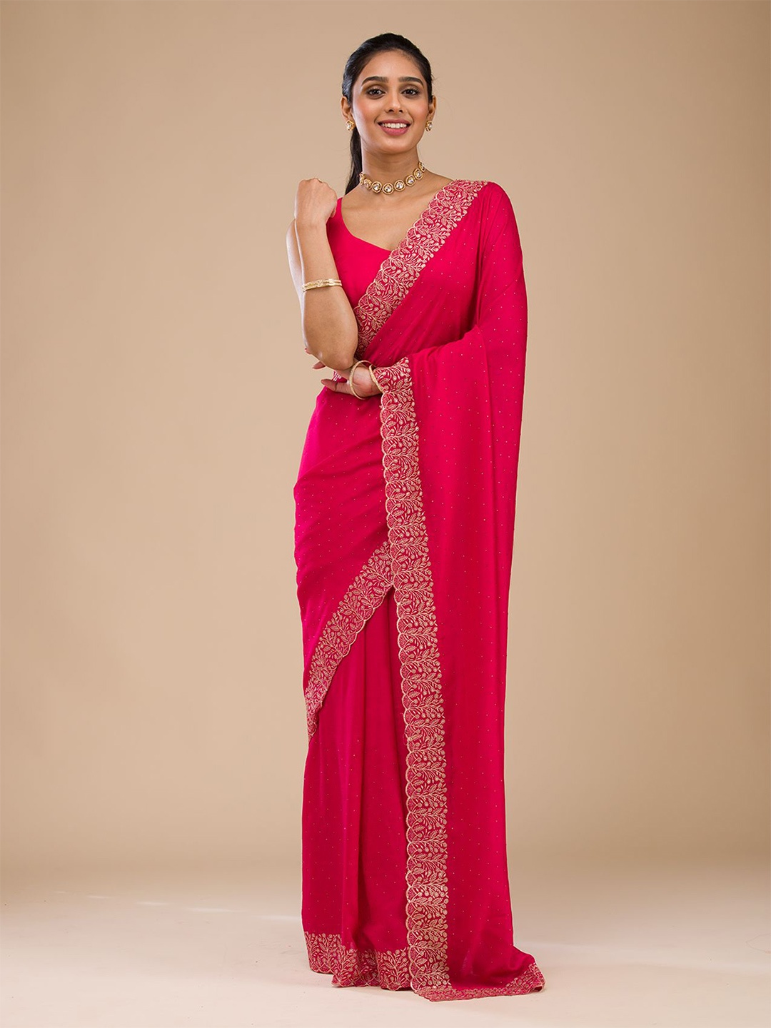 

Koskii Floral Embellished Zari work Saree, Pink