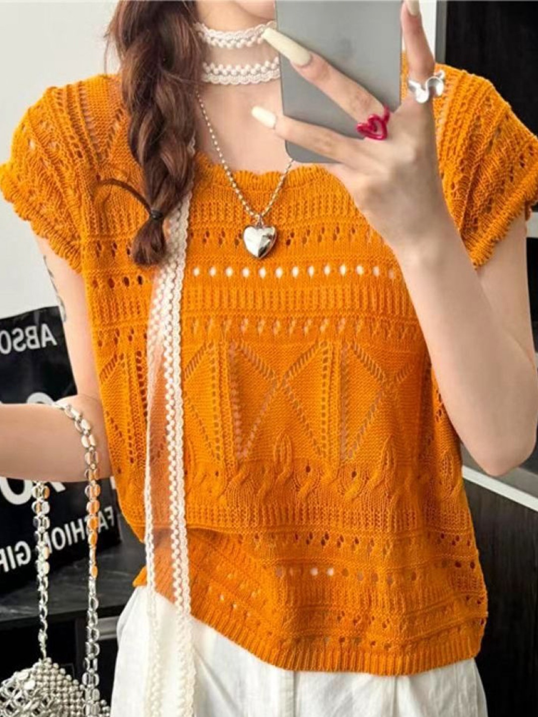 

KPOP Women Self Design Round Neck Short Sleeves Top, Orange