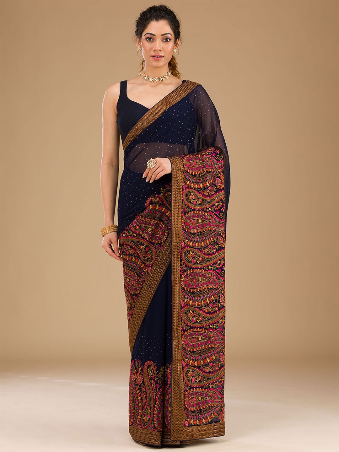 

Koskii Ethnic Motifs Embroidered Pure Georgette Saree, Blue