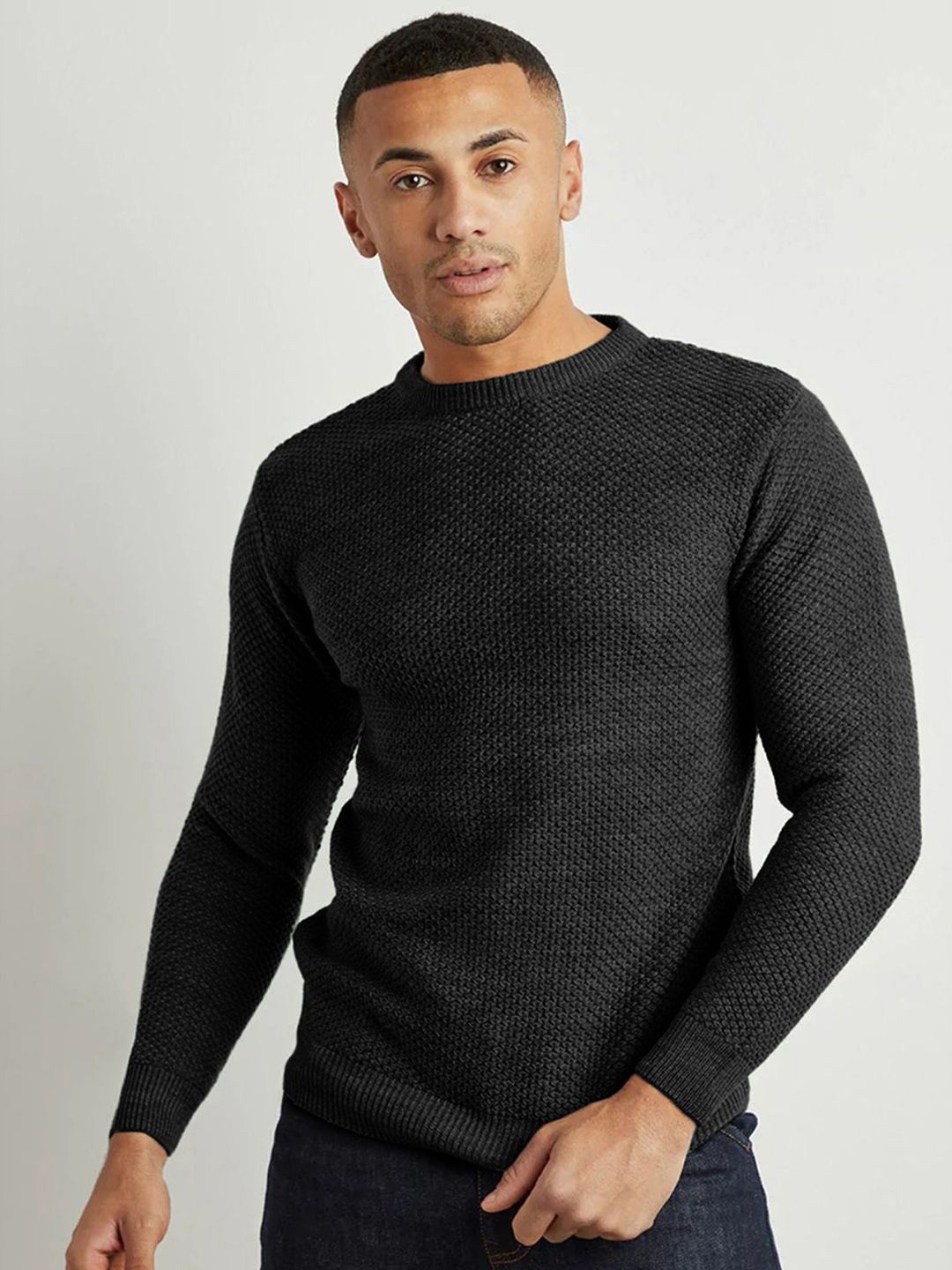 

Campus Sutra Men Ribbed Pullover, Black