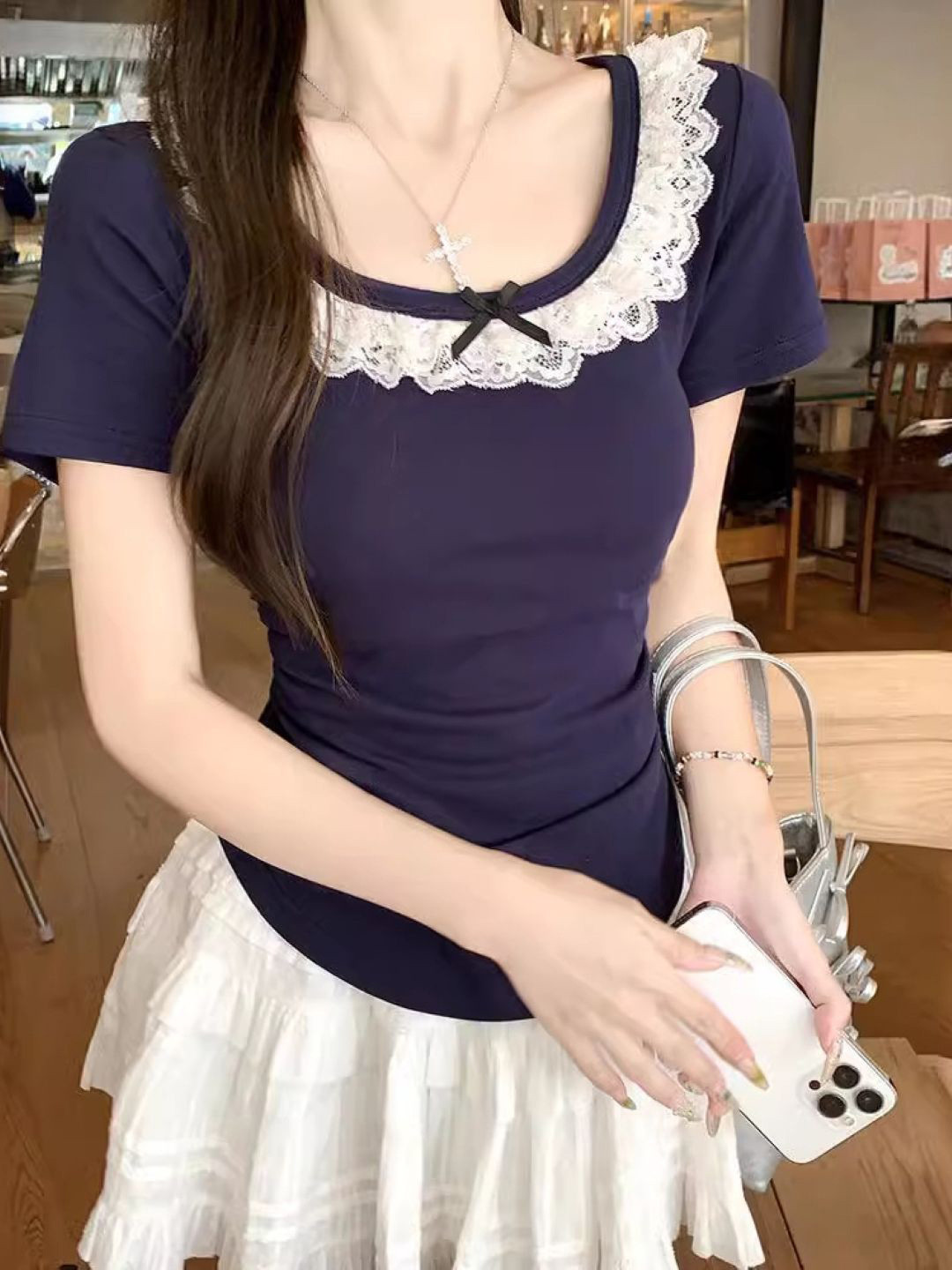 

KPOP Women Round Neck Short Sleeves Top, Navy blue