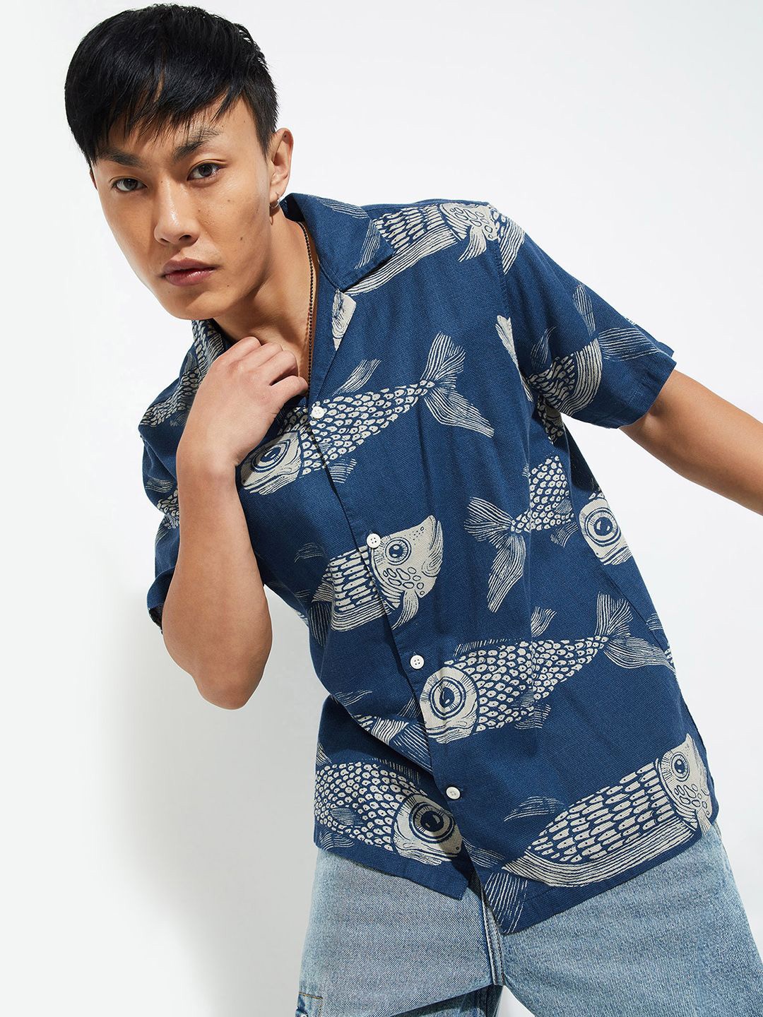 

Max URB_N Men Relaxed Fit Printed Resort Shirt, Navy blue