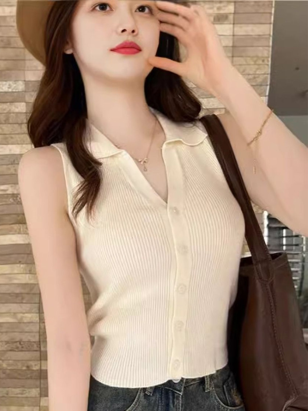 

KPOP Women Cotton Shirt Collar Sleeveless Top, White