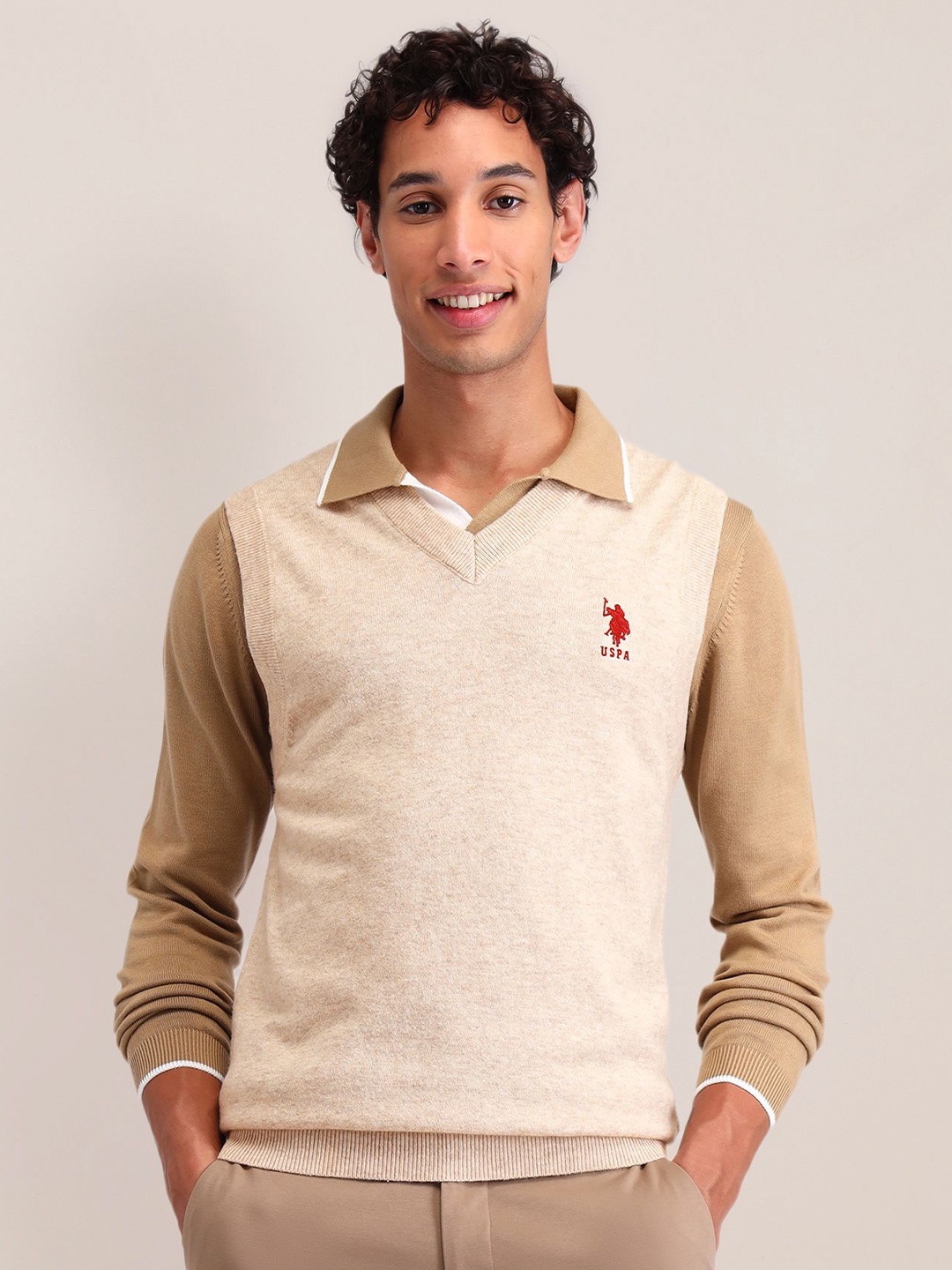 

U.S. Polo Assn. Men Woollen Self Design V - Neck Sweater Vest, Beige