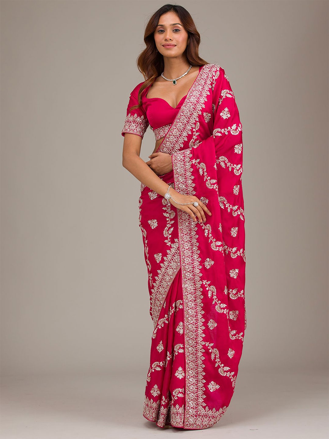 

Koskii Floral Embroidered Saree, Pink