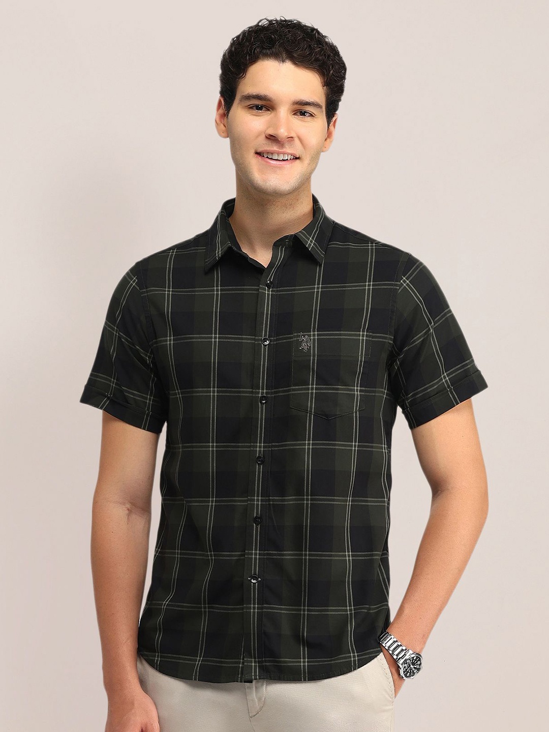 

U.S. Polo Assn. Men Slim Fit Opaque Checked Casual Shirt, Green